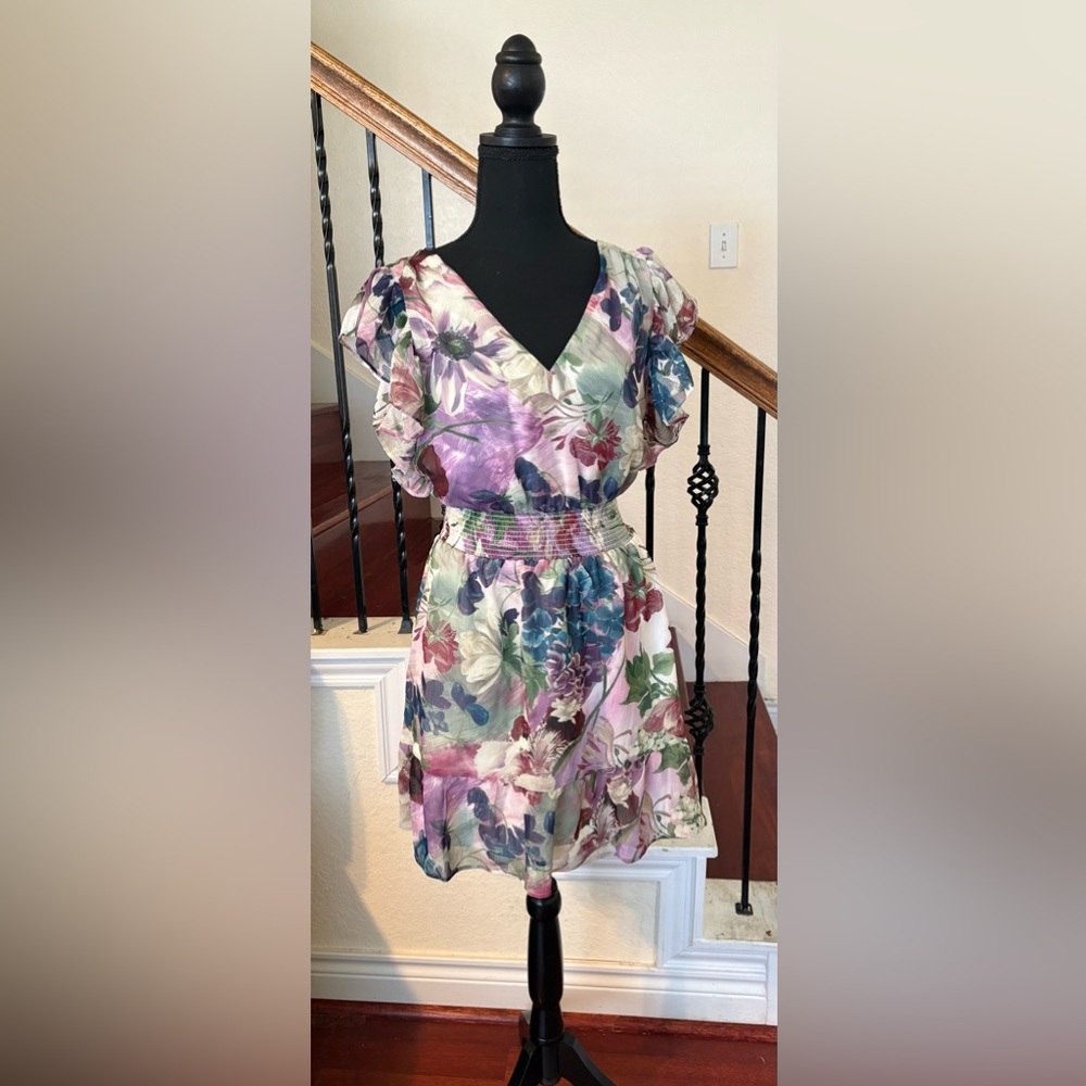 Express Floral V-Neck Flutter Sleeve Smocked Waist Mini Dress